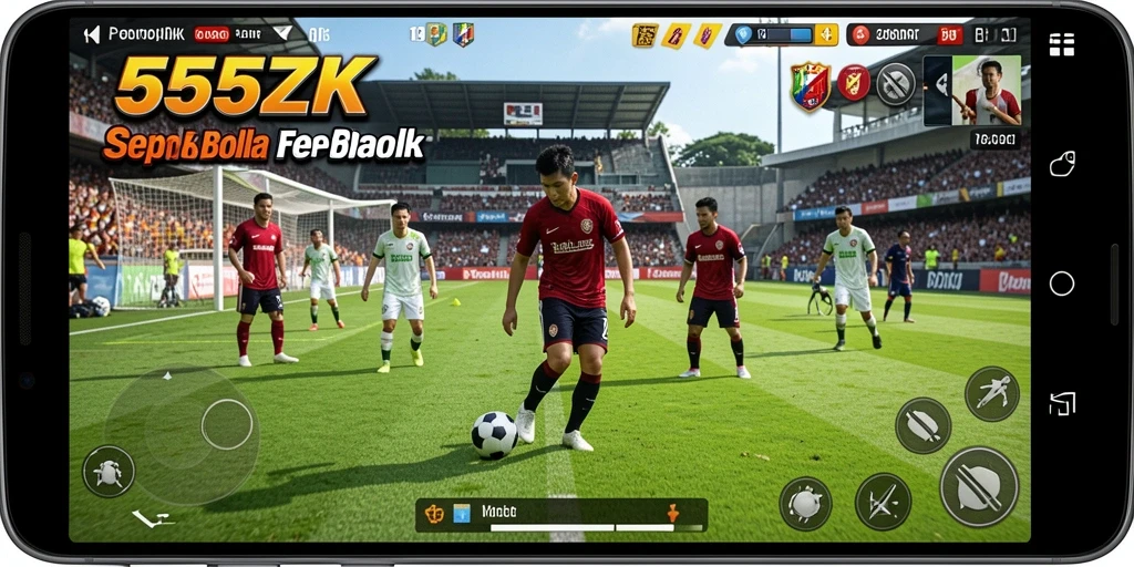 Screenshot gameplay 555ZK menampilkan aksi seru di lapangan sepak bola.