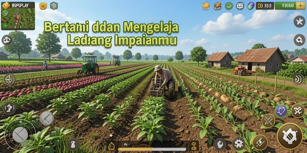 Screenshot 95PGPLAY menampilkan pemain sedang mengelola ladang dengan tanaman dan hewan.