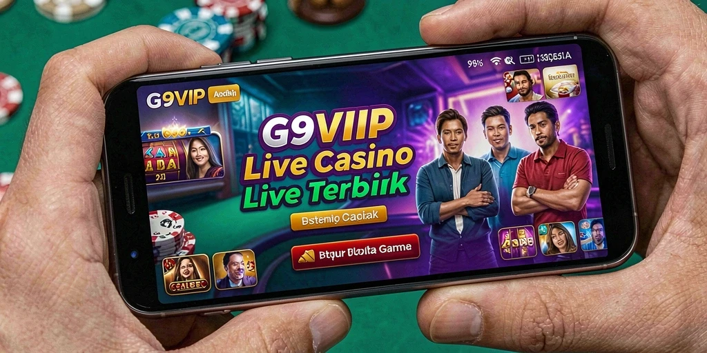 Screenshot utama G9VIP menampilkan dealer langsung dalam aksi permainan kasino.