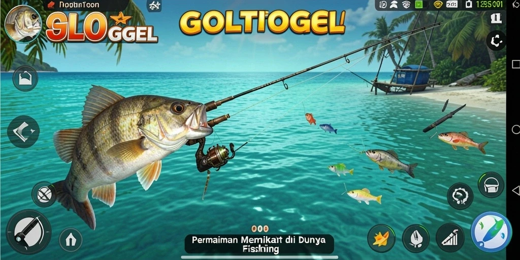 Screenshot dari gameplay GOLTOGEL menunjukkan aksi seru memancing ikan di laut.