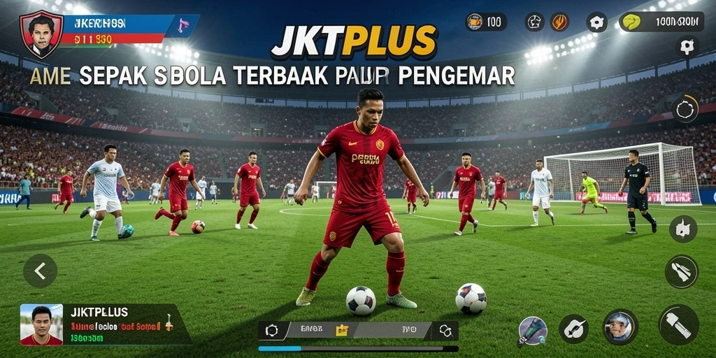 Tampilan gameplay menarik dari aplikasi JKTPLUS yang penuh aksi sepak bola.