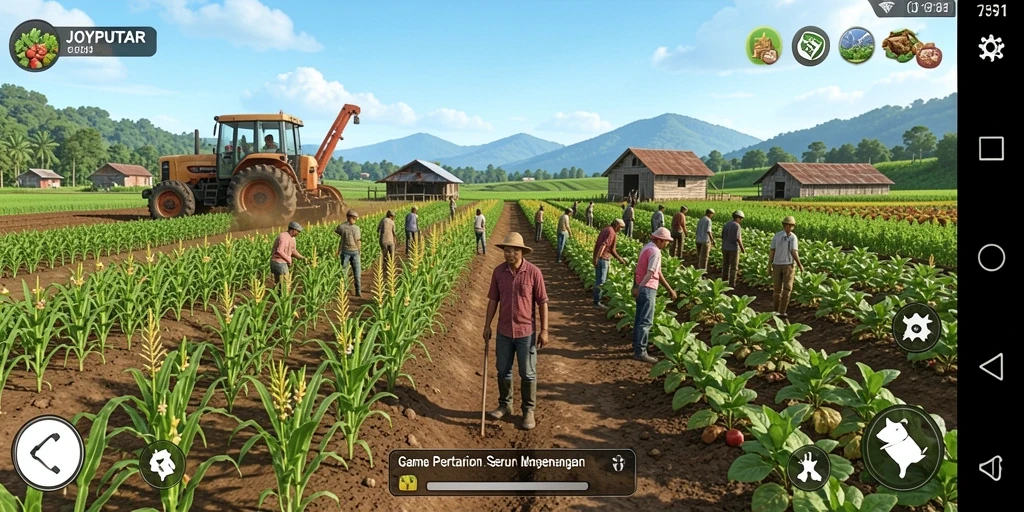 Tampilan gameplay <strong>JOYPUTAR</strong> menampilkan kebun yang hijau dengan berbagai tanaman yang tumbuh.