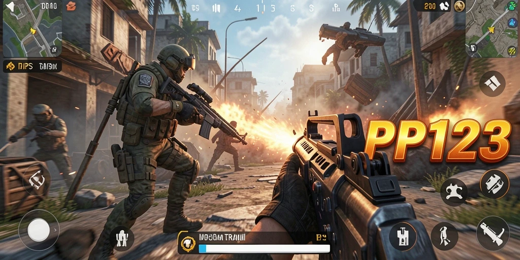 Screenshot utama PP123 menampilkan aksi gameplay TPS yang intens.