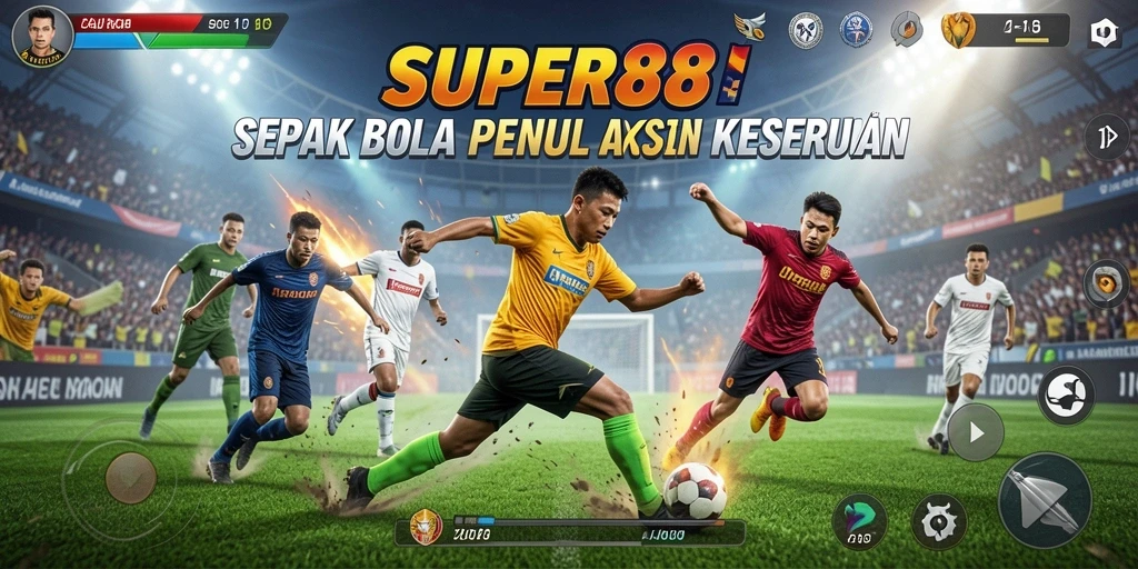 Tangkapan layar gameplay SUPER88 dengan aksi pertandingan sepak bola yang mendebarkan.